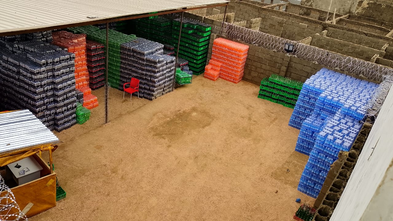 Aerial view of the beverage storage yard with stacked crates